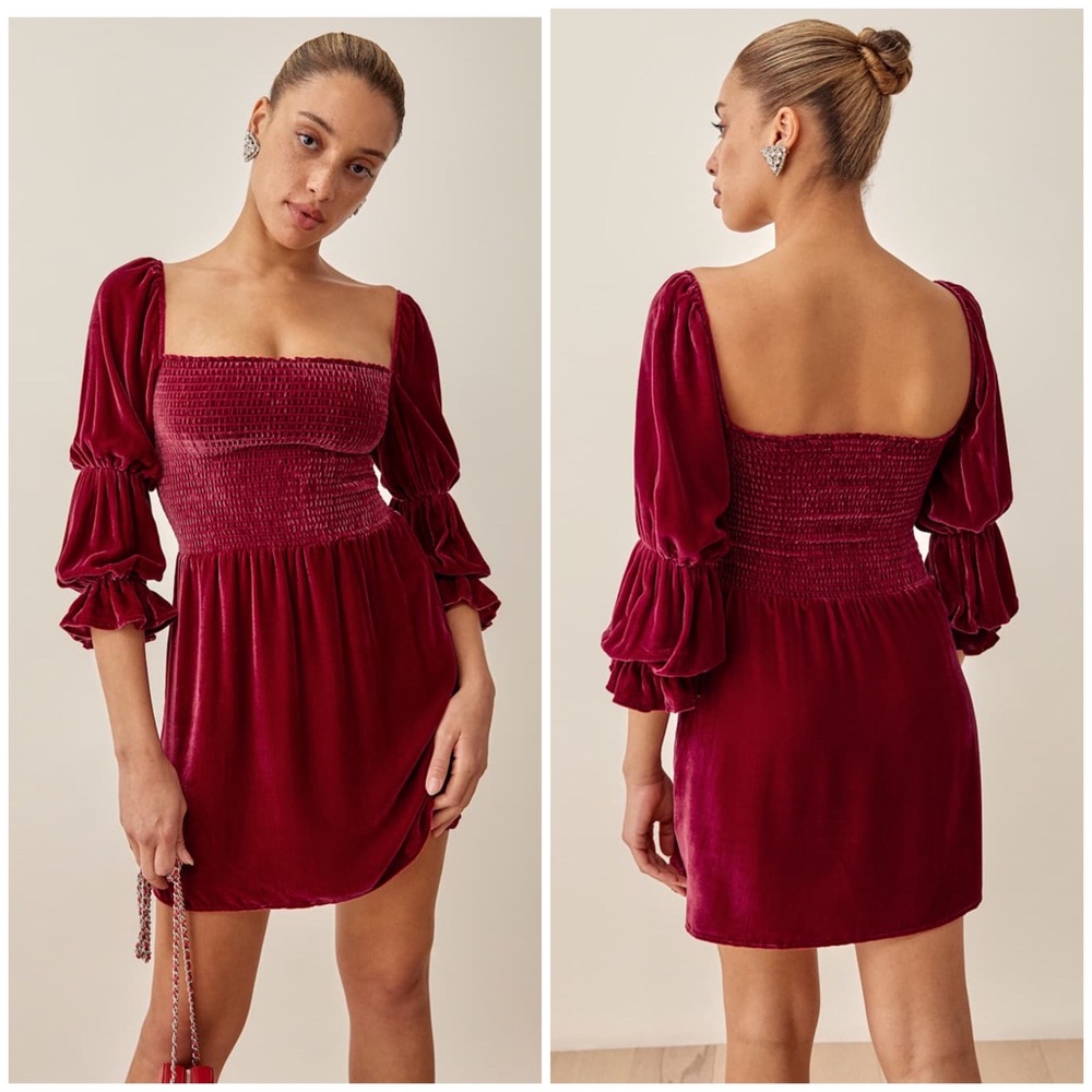 $278 Reformation Albi Burgundy Velvet Velour Silk Puff Sleeves Mini Dress Size M